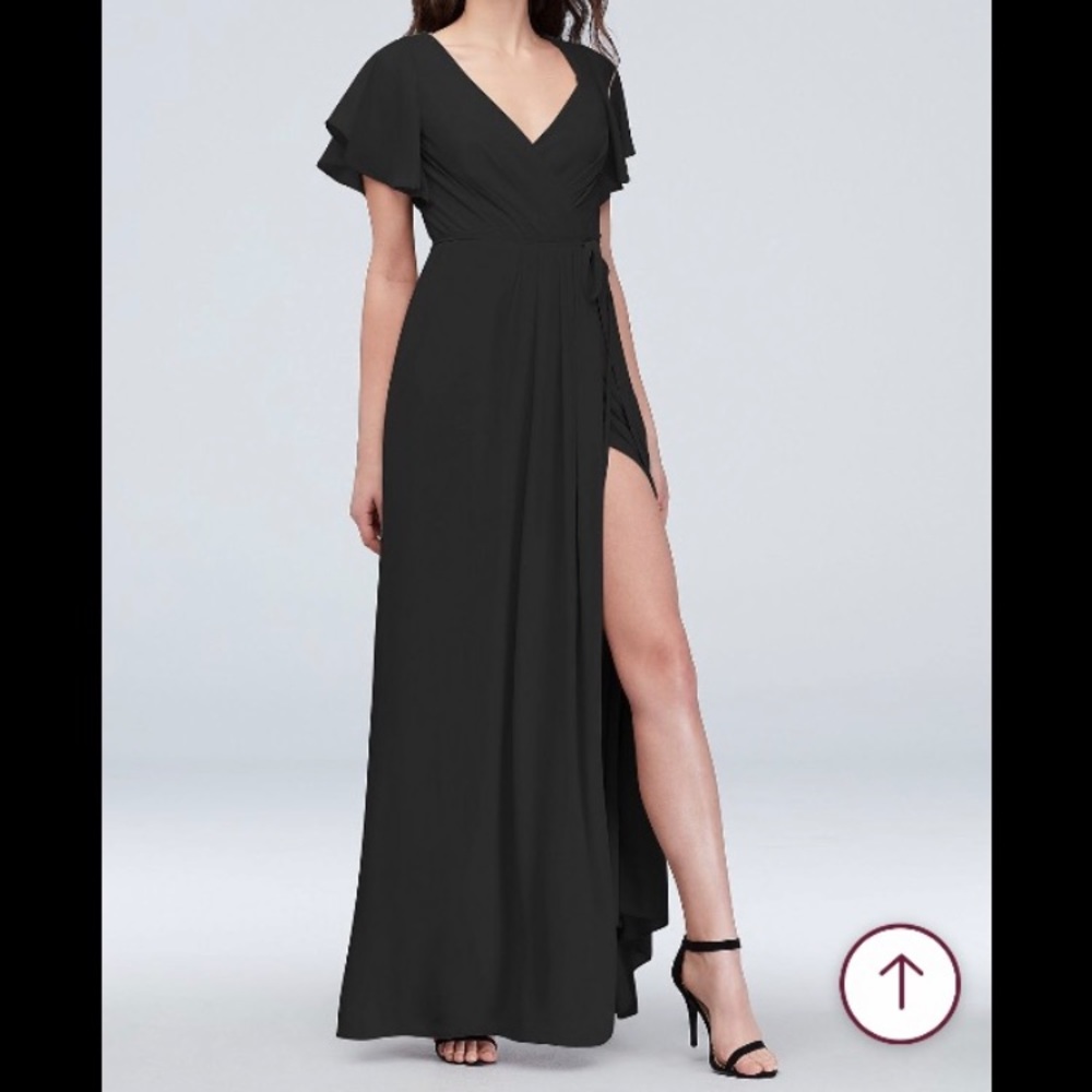 David’s Bridal Black Bridesmaid Flutter Sleeve Georgette Wrap Dress Size 18